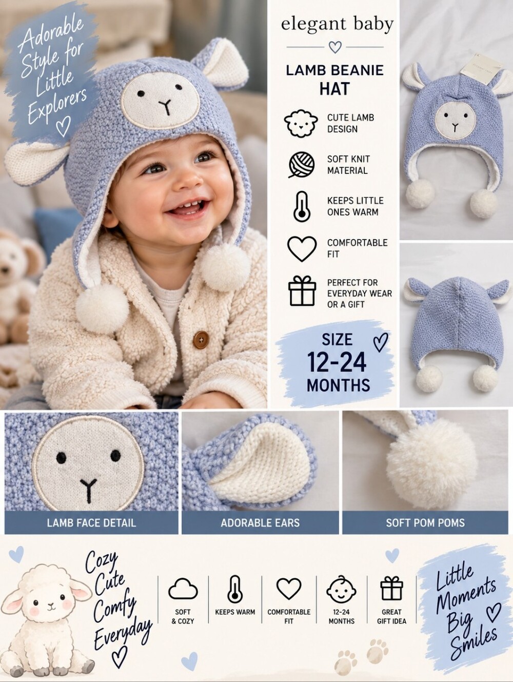 New elegant baby 12-24m blue lamb beanie hat #35